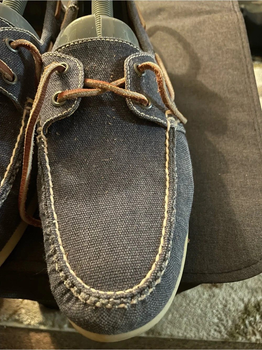 Peter Millar Men's Navy Canvas Boat Shoes with Brown Laces